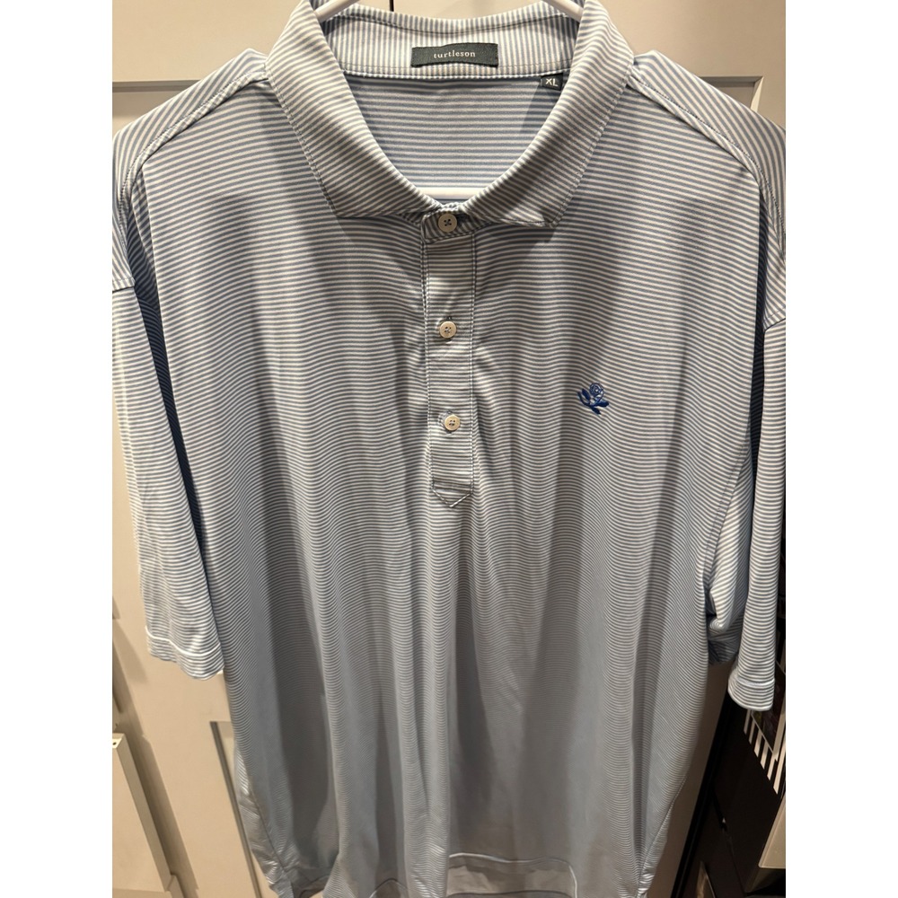 Turtleson Mens XL Performance Polo Shirt Blue White Striped Rose Crest Golf‎ Top
